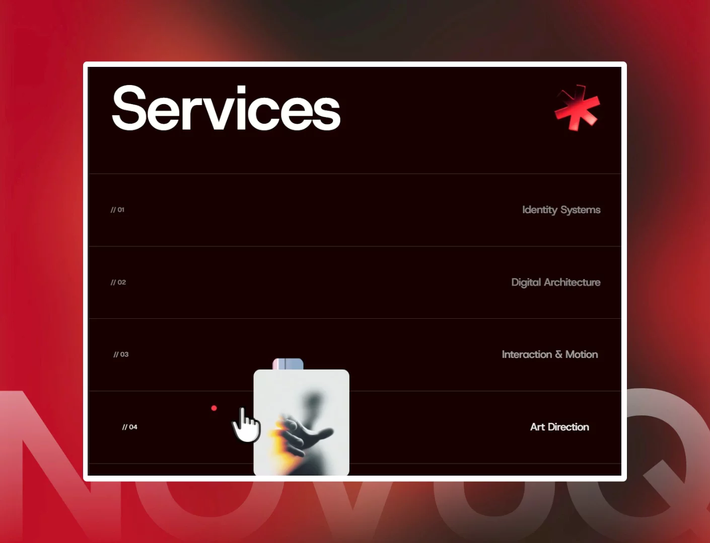 Service section doesn't have to be boring. Designed Novuq's service section with zoom reveal + magnetic follow + a touch shader element. Turned a boring layout to a uniquely interactive design.Grab your copy here- https://framer.link/fYJh0ZC