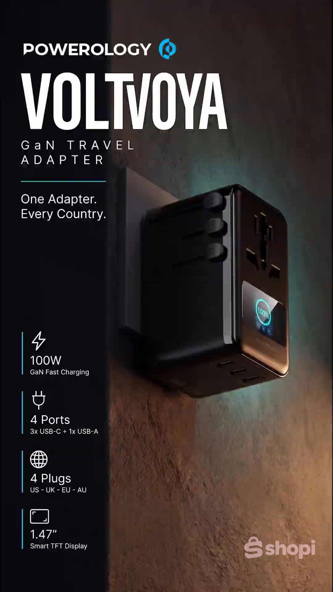 Powerology Voltvoya GaN Travel Adapter PD 100W — Black