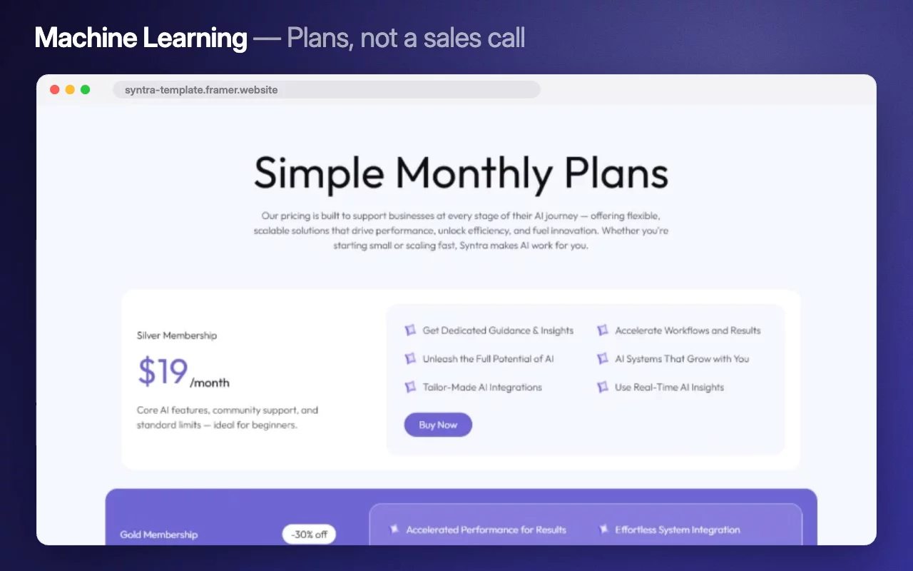 Every AI company wants you to book a demo. Machine Learning publishes simple monthly plans instead.A client-centric approach and a services list sit above them, so the number arrives with context.Live preview → https://syntra-template.framer.website/Grab your copy →#framer #framertemplate #framerexpert #webdesign #nocode #ai #machinelearning #saas #technology