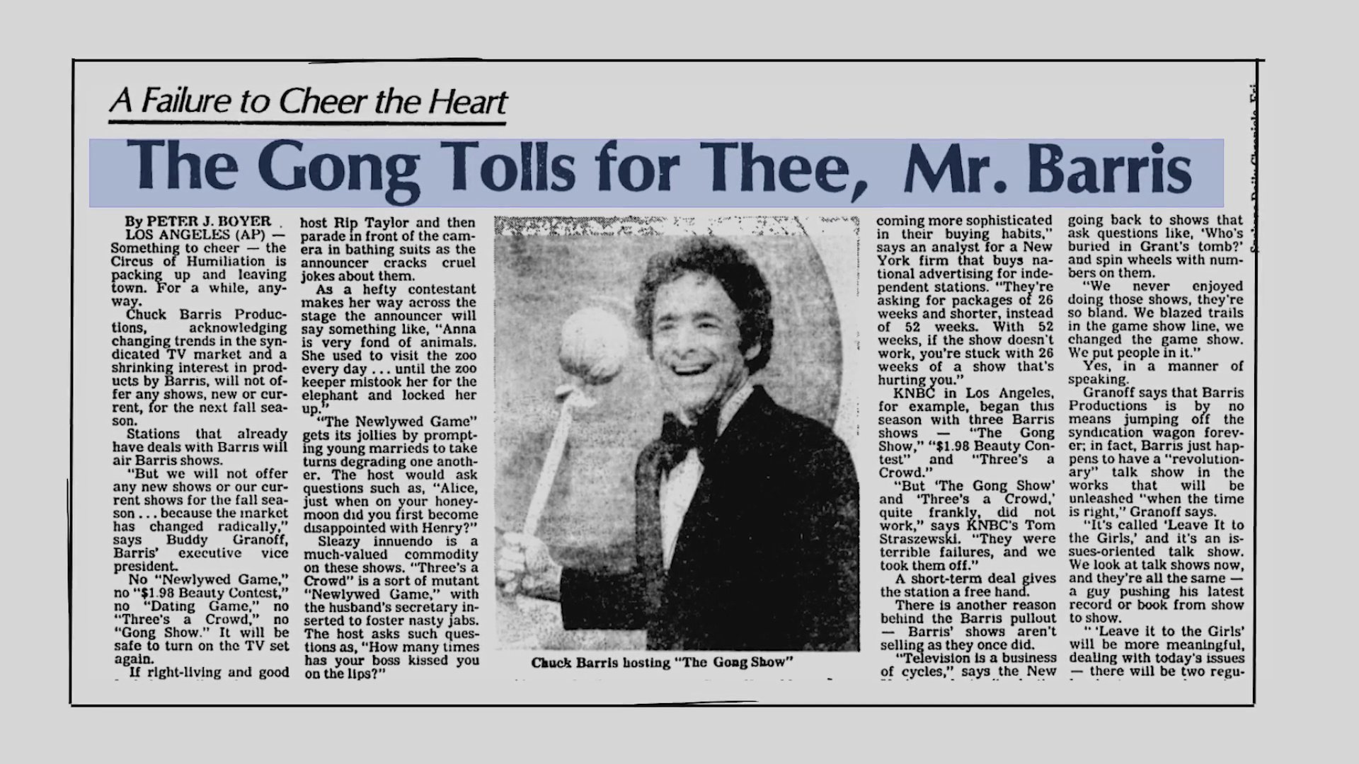 The presentation examines critical media coverage surrounding Chuck Barris and the television program The Gong Show. Archival interview footage transitions into detailed analysis of a newspaper feature titled The Gong Tolls for Thee, Mr. Barris.