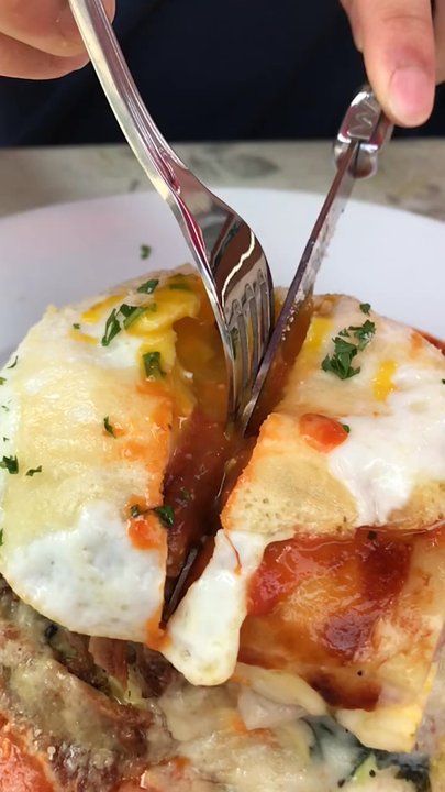 Immigrant Son Caffe - Cutting the breakfast lasagne - New American Near Me - Ventura, California