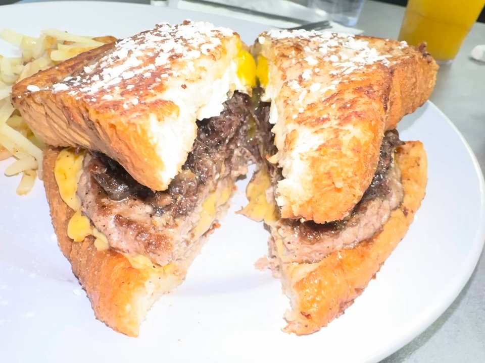 Isidora's Family Kitchen - French toast burger! Substitute bacon for barbacoa - Breakfast & Brunch Near Me - Harlingen, Texas