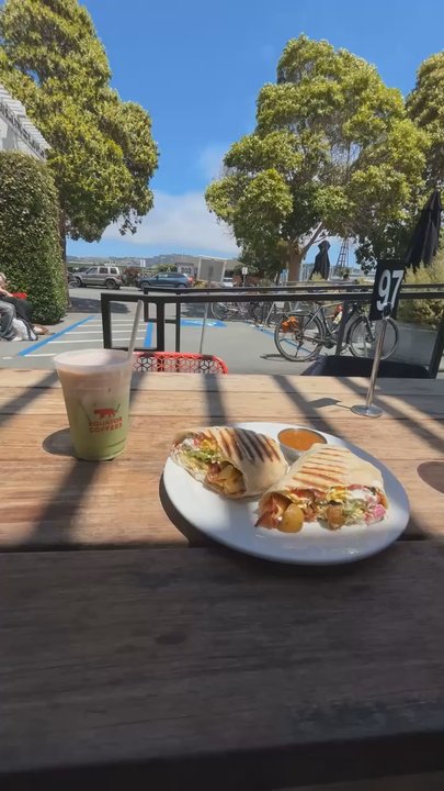 Sausalito Equator - My b burrito and my friends Chicken Flatbread Sandwich. Very yummy. - Coffee & Tea Near Me - Sausalito, California