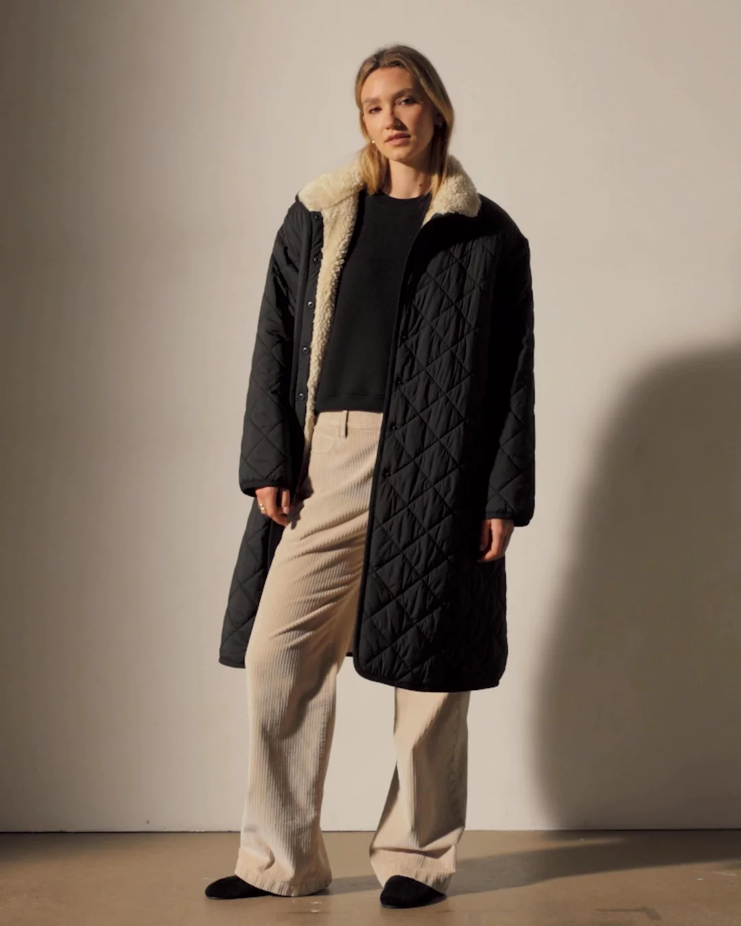 Quilted Nylon Lined Long Coat - Black/Ivory | James Perse Los Angeles