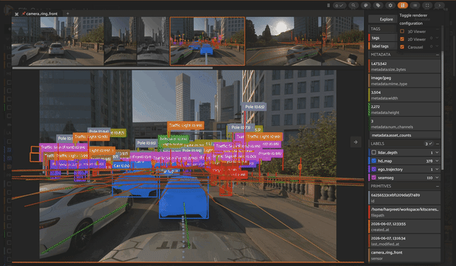 FiftyOne App on camera_ring_front with the ring-camera carousel above and hd_map polylines plus seamseg detections overlaid on the Frankfurt scene.