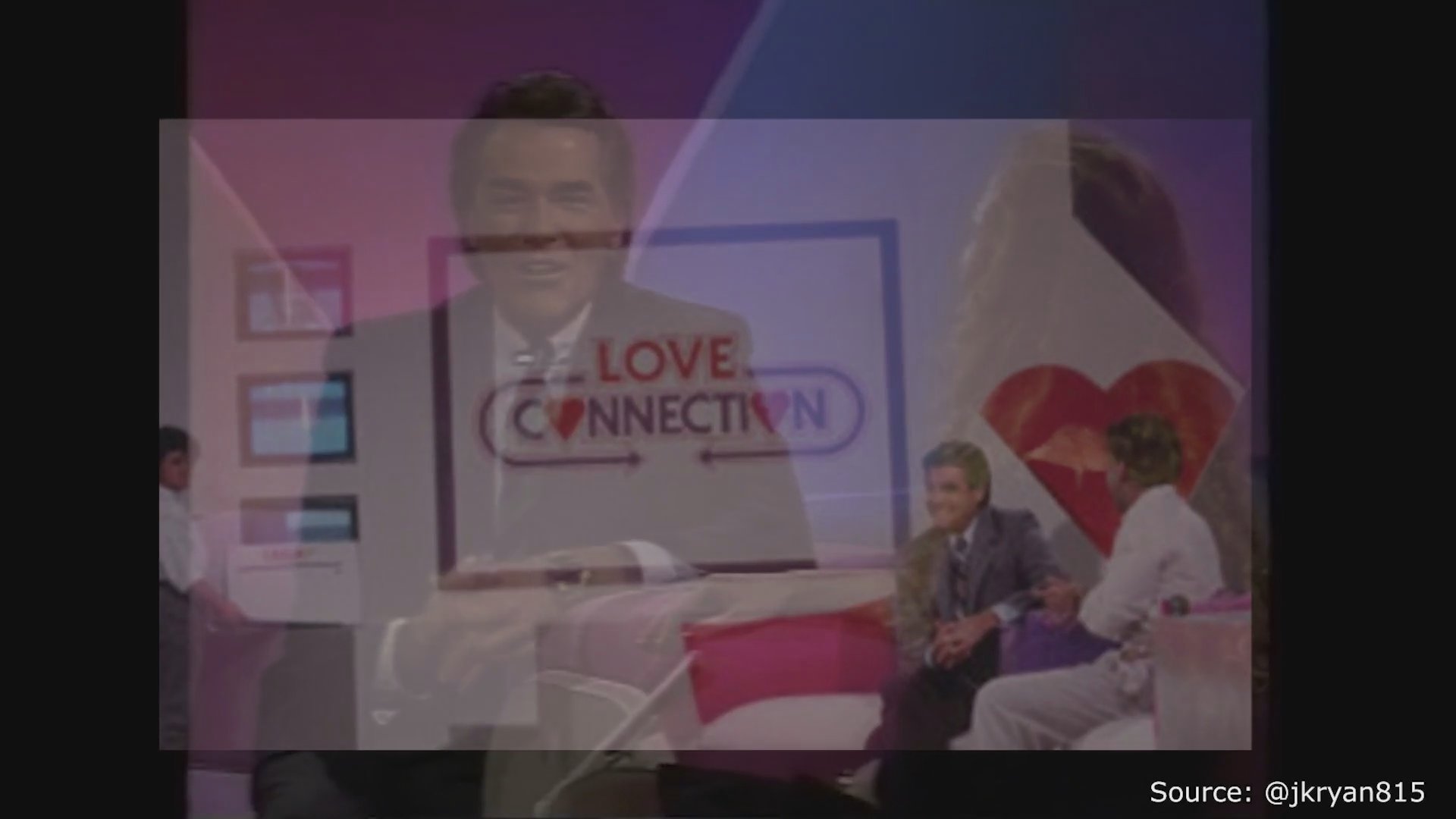 A line graph charts the historical frequency of dating television programs, which transitions into archival footage of classic 1980s dating game shows.