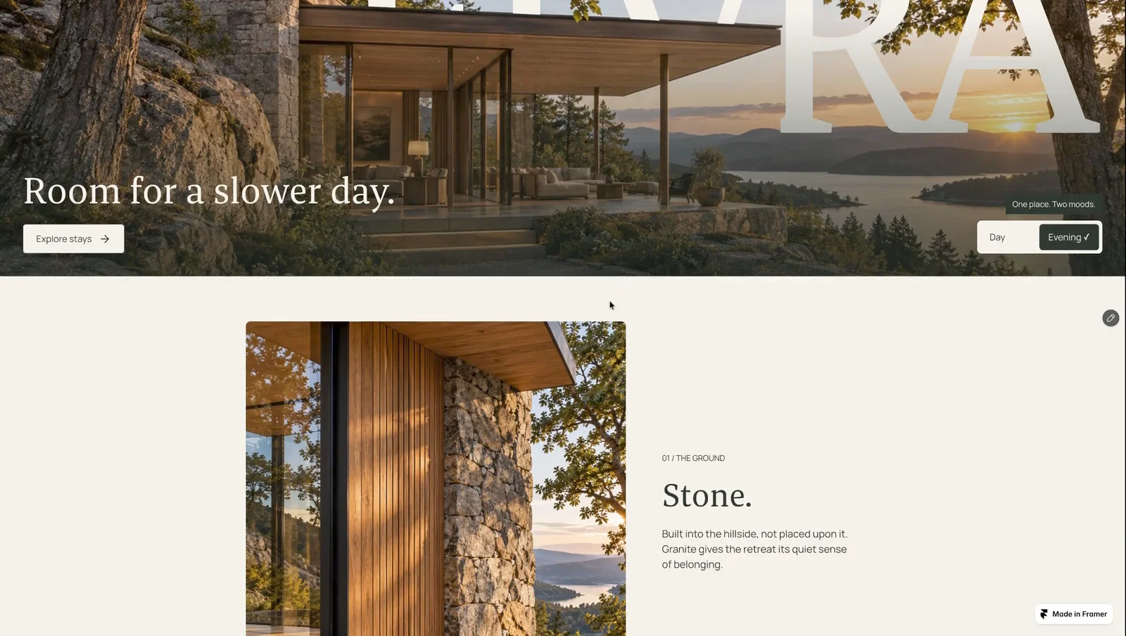 I made SELVRA for boutique stays and retreats. A layered architectural hero shifts from day to evening, with interactive stay selection and CMS pages for stays and experiences. English and German are included.Try the live previewhttps://selvra-retreat.framer.website/Get SELVRA for your Framer projecthttps://buy.polar.sh/polar_cl_TdLUwQqUxvvTYC82r0lQhbRSbvJyyOiTdMXnb2OG9C9