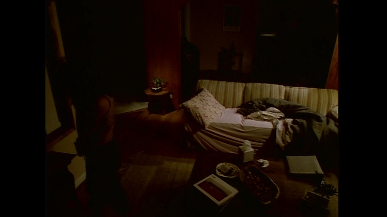 A figure moves slowly through a dimly lit living room at night, silhouetted against soft lamp light. The scene captures a quiet, contemplative atmosphere in a residential interior.