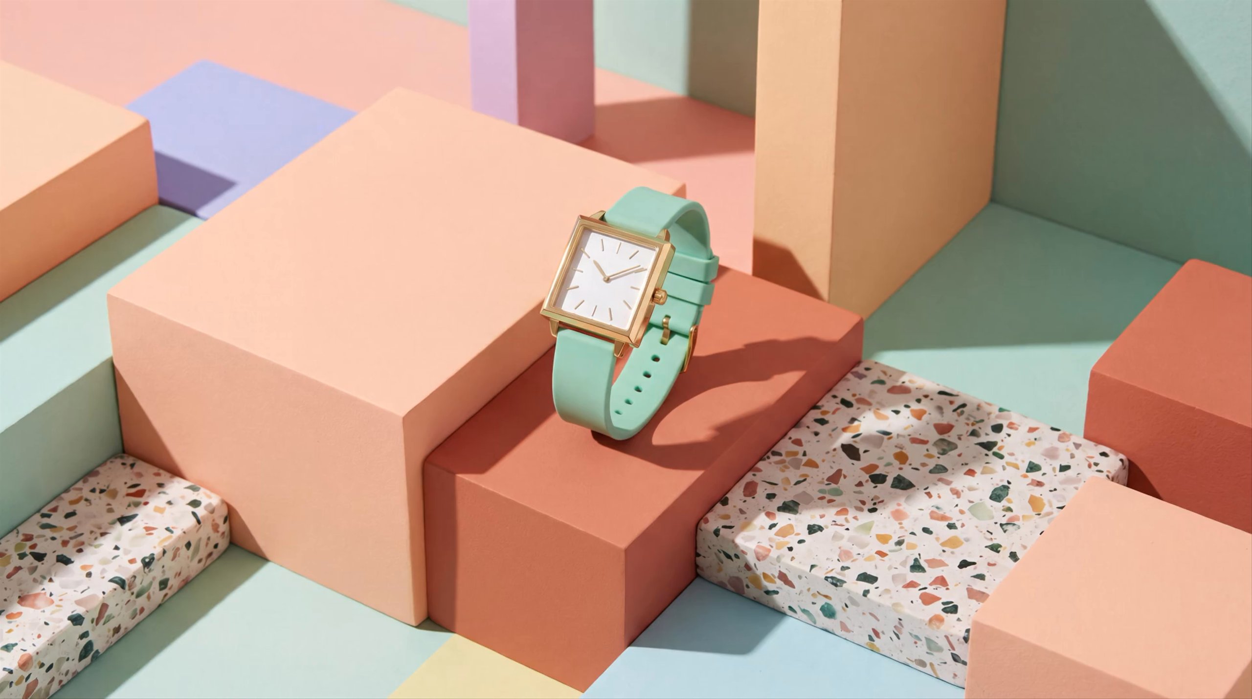 A mint-green and gold square watch resting on a coral display block among pastel and terrazzo shapes