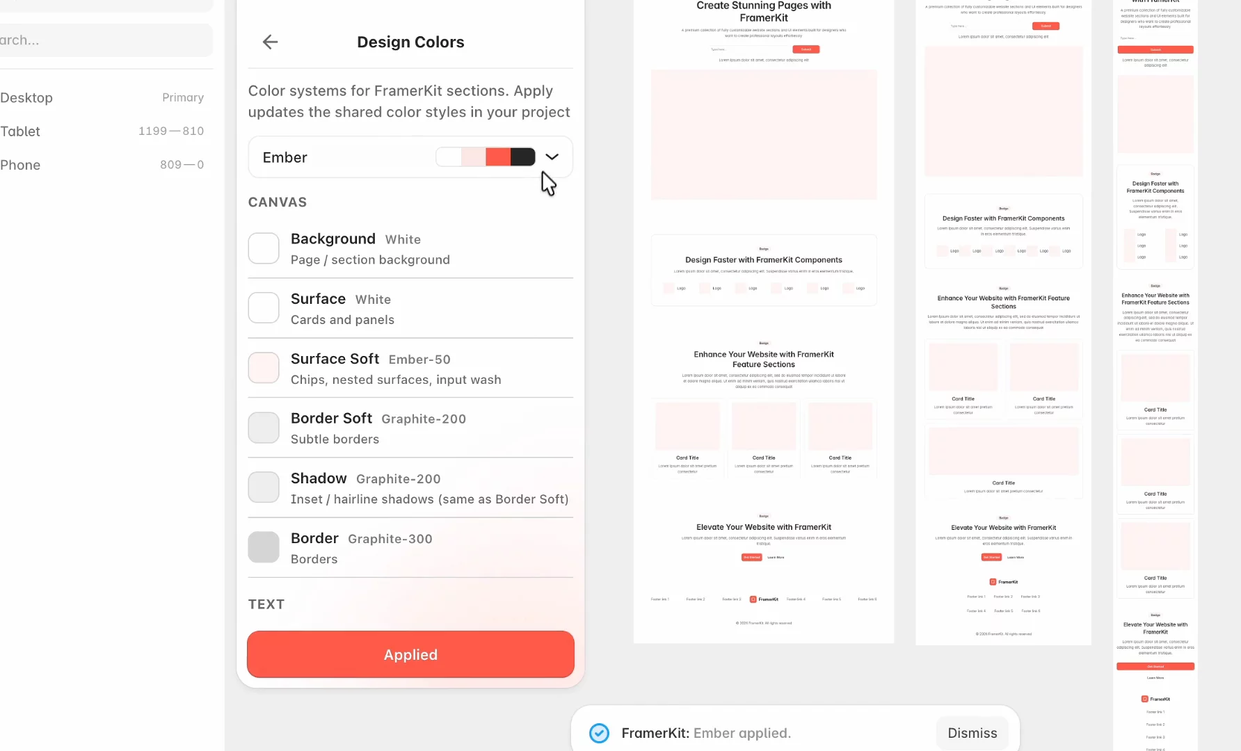 🎨 How Design Colors WorkEvery FramerKit section is linked to shared color styles in your project. Background, Surface, Border, Text, Accent. Each one has a light and a dark valueSo when you change one token, every section that uses it updates. Not per section, the whole page at once