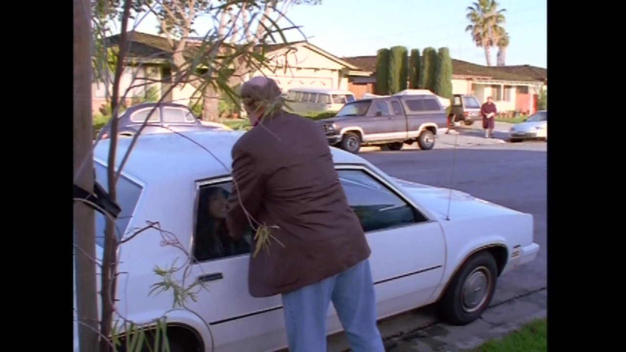 A man forcefully escorts a woman to a white car on a residential street before driving away. The sequence begins in an indoor setting and moves to a tense interaction outside a suburban home.