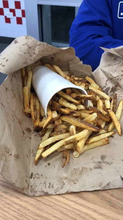 Five Guys - The large fries are huge!  Large Fry, large soda, single Cheeseburger, and Bacon Cheeseburger - Burgers Near Me - Schaumburg, Illinois