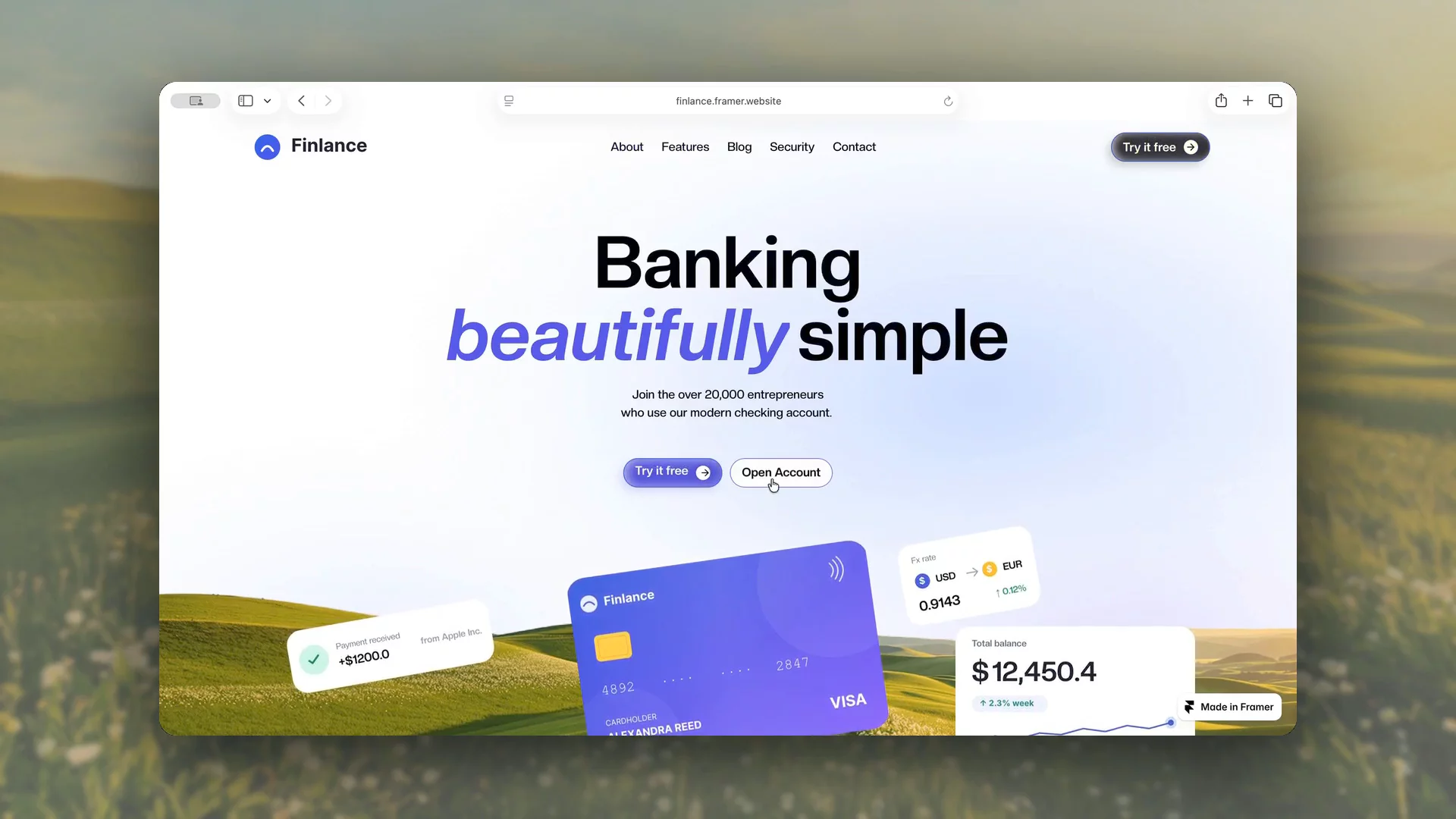 Finlance, in motion.The card floats, the balance ticks up, the trust bar scrolls quietly underneath. Small movements, none of them competing for attention.Fintech is the one category where motion has to feel calm. Anything too eager and the whole thing starts to feel like it's selling you something.13 pages, CMS blog, Figma file included.finlance.framer.website