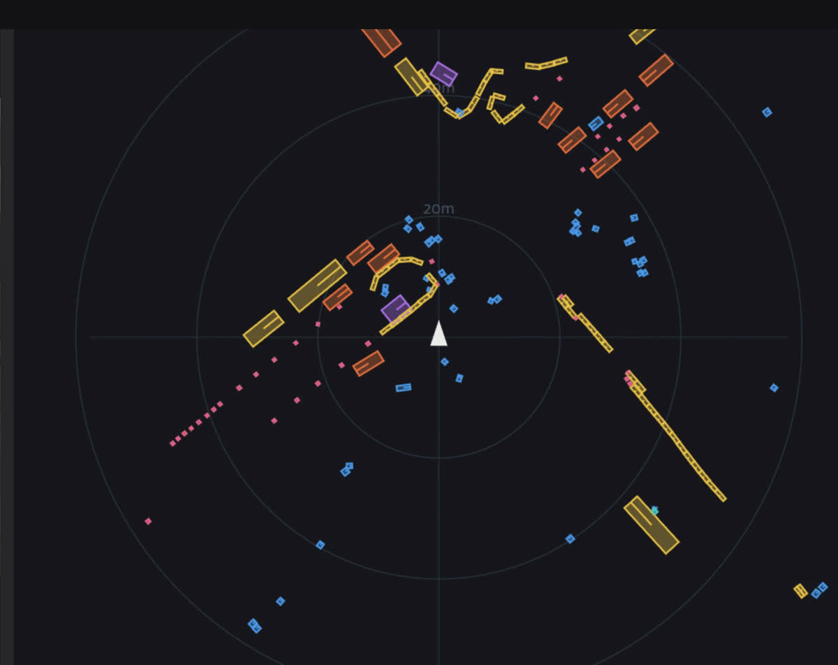 The bird's-eye LiDAR view (BEV) in FiftyOne's Frame + Map panel, with detected objects rendered as oriented bounding boxes over range rings at 20 and 40 meters.