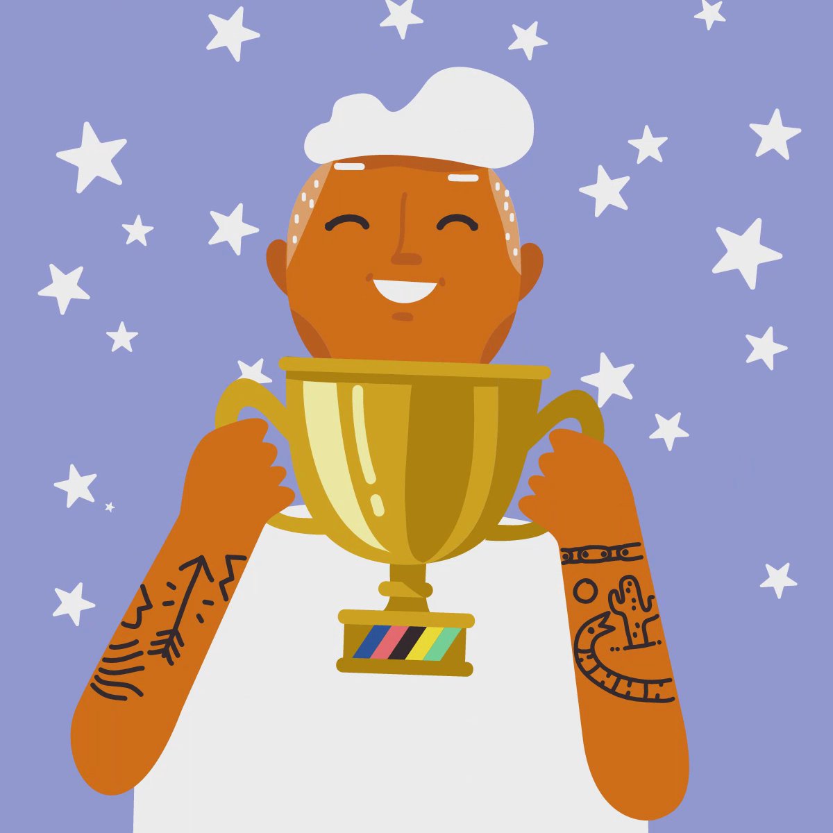 A LEVEL UP YOUR RIDE illustration of a smiling man holding up a trophy.