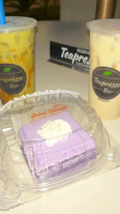 Teapresso Bar - Jasmine Milk Tea, Brown Sugar Milk Tea, and a slice of their Ube cake. - Bubble Tea Near Me - Kapolei, Hawaii