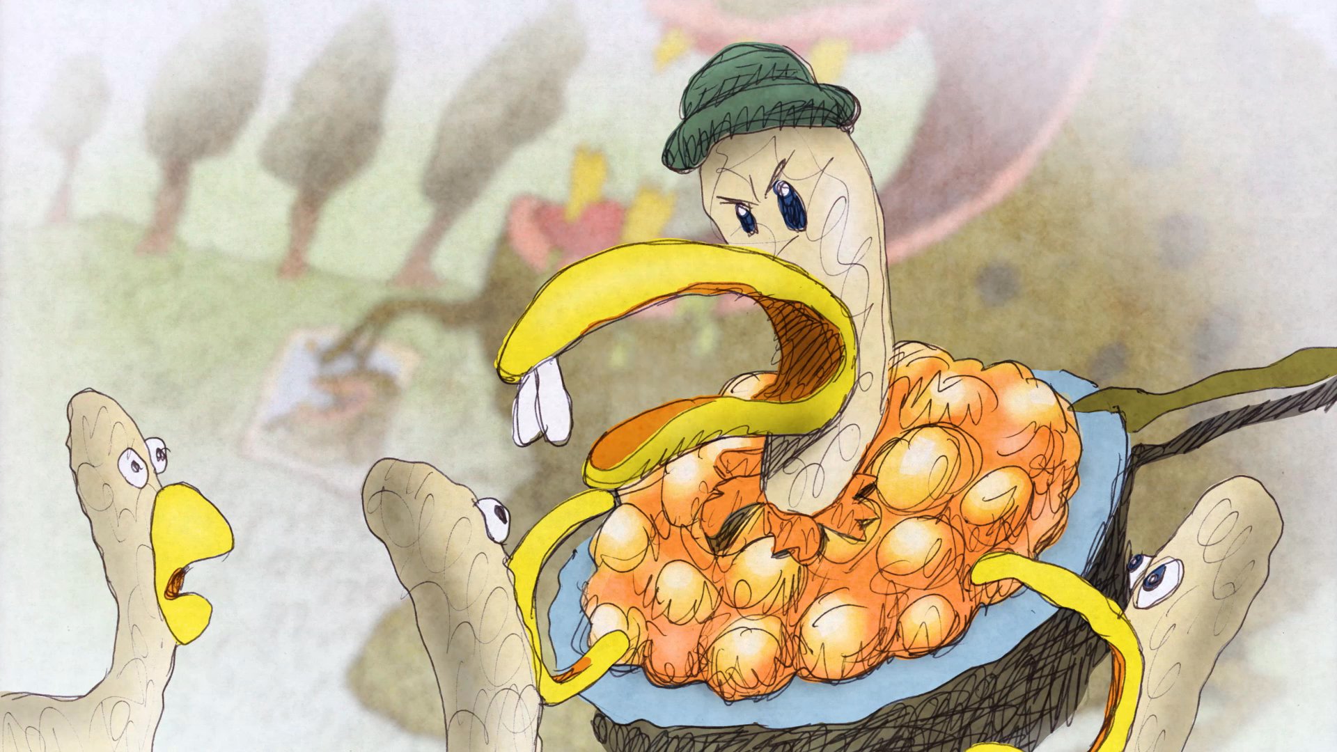 A group of ducks visits a forest bakery run by a monster, leading to a comedic sequence where the monster prepares and consumes a uniquely shaped pastry.