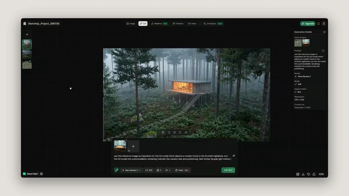 Screen recording of the Fenestra editor turning an imported SketchUp forest cabin model into a photorealistic render using a reference image