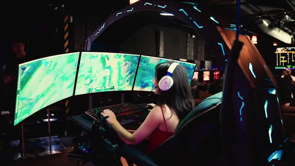 Esports arena with neon lights and gaming atmosphere