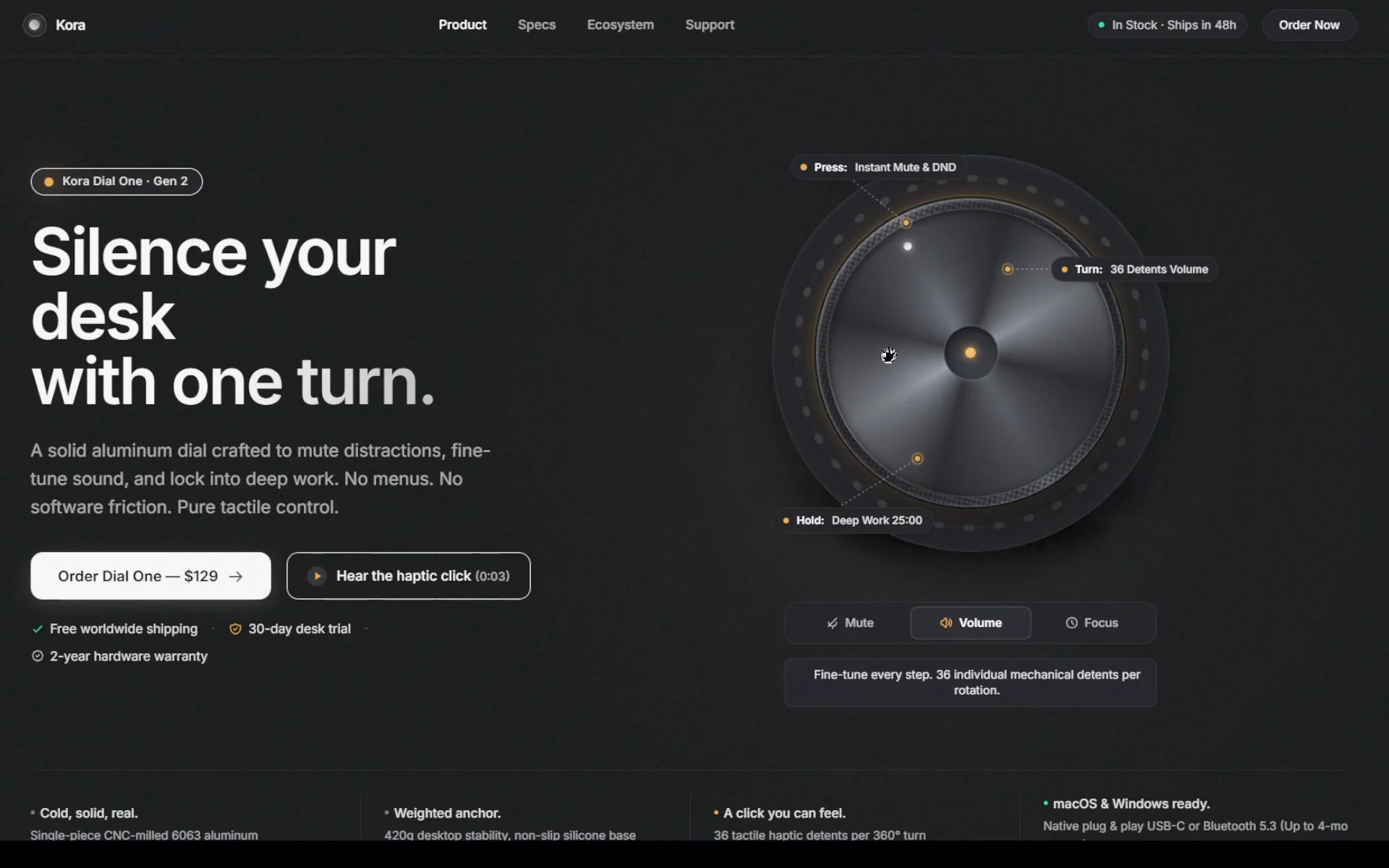 How do you sell a physical feeling on a 2D screen?  Most hardware landing pages make the same mistake: they show static product photos and list dry tech specs.  Instead of feeling the weight of the metal, users feel bored.  For this desktop rotary dial hero concept, I wanted to simulate tactile weight and sensory feedback before the user even buys:   → Interactive Mode Switcher Instead of explaining 3 features, users interact with the dial directly. Switching between Mute, Volume, and Focus rotates the knob and updates dynamic system states in real time.   → Auditory Bridge ("Hear the haptic click") You cannot touch an aluminum dial through a screen, but you can hear the detents. Adding an audio trigger creates an immediate sensory anchor.   → Frictionless Clarity $129 price tag embedded directly into the primary CTA. No hidden surprises, just high-intent conversion.  Tactile hardware demands tactile web design.  Designed with an Apple × Linear aesthetic.  💬How do you approach sensory communication in digital products?