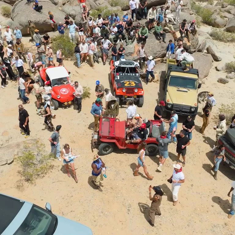 Aerial of attendees hanging out in Joshua Tree
