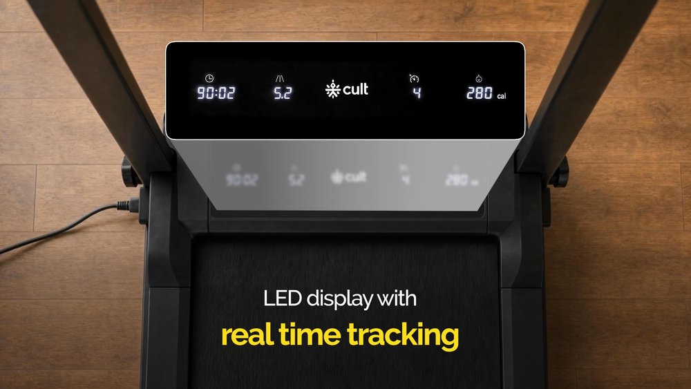 Still from the Cult.fit AI product film: a treadmill LED display