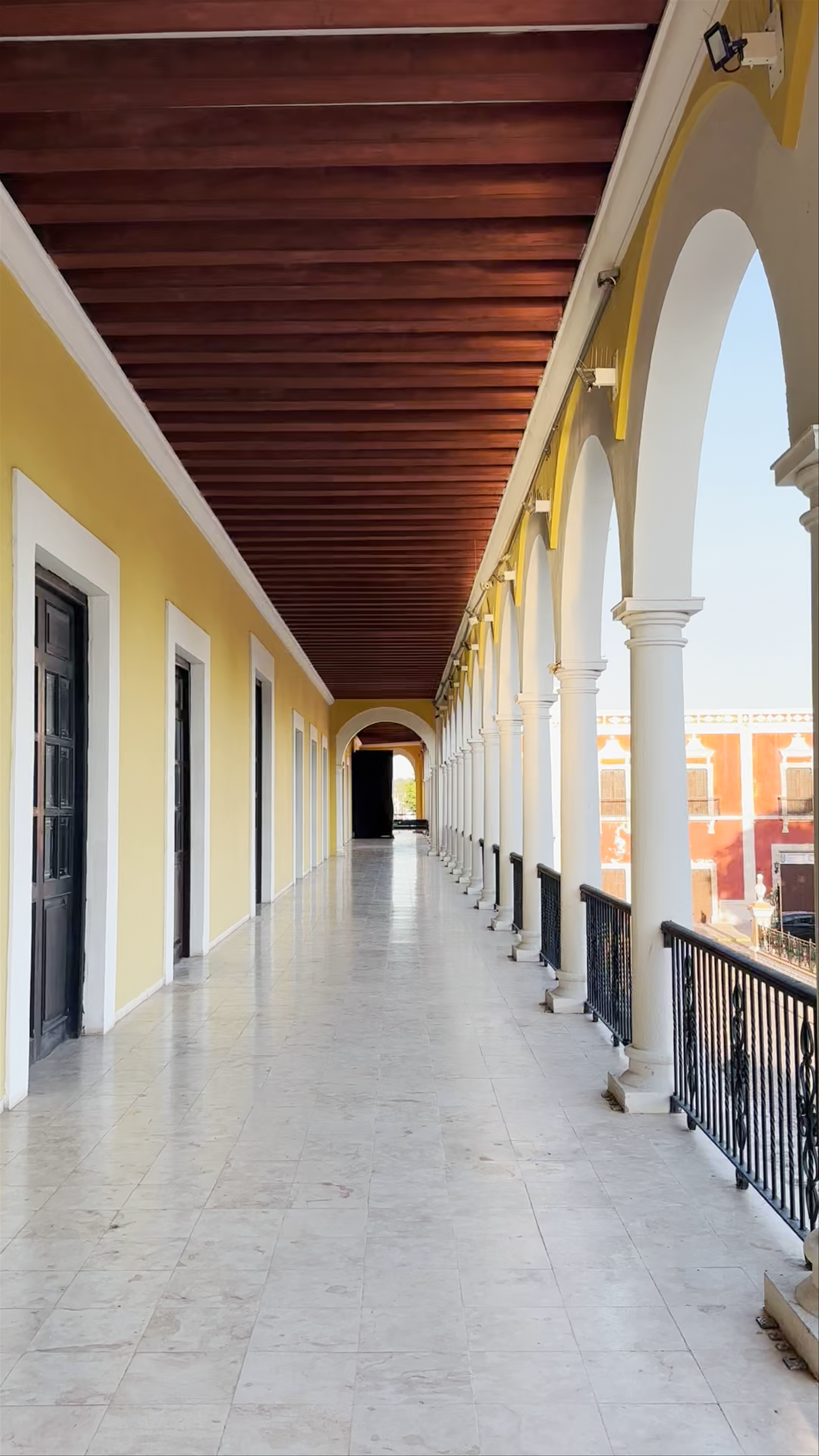 Sunlit Colonial Corridor at Plaza de la Independencia, San Francisco de Campeche