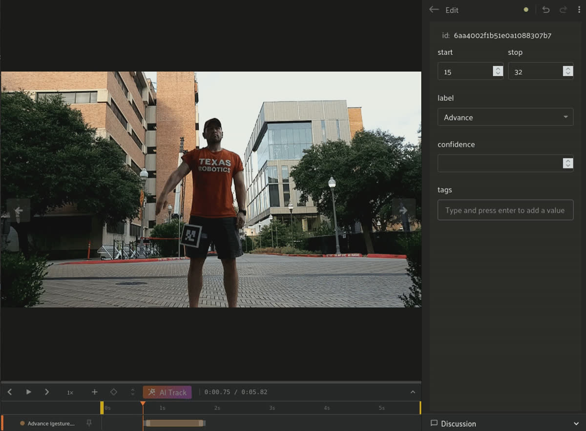 Editing a TemporalDetection label in the FiftyOne app, setting the start frame, stop frame, and Advance gesture label on a robot clip.
