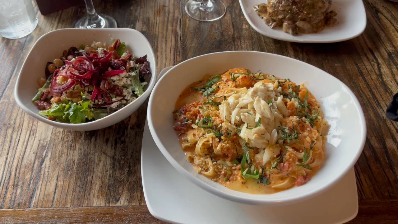 121 Artisan Bistro - Shrimp & Crawfish Diavolo Pasta side salad - Italian Near Me - Lake Charles, Louisiana