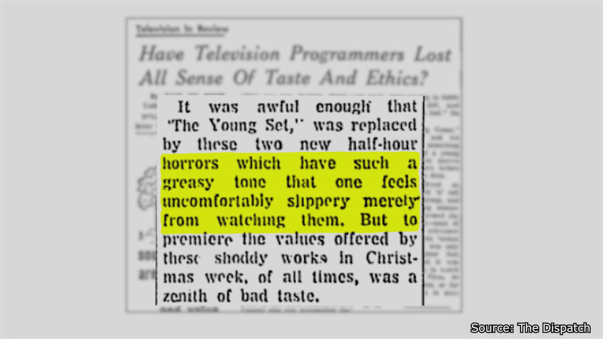 Historical newspaper columns critically assess the quality and perceived poor taste of mid-century daytime television programming. The text highlights a reviewer's negative perspective on the shift toward new television shows during that era.
