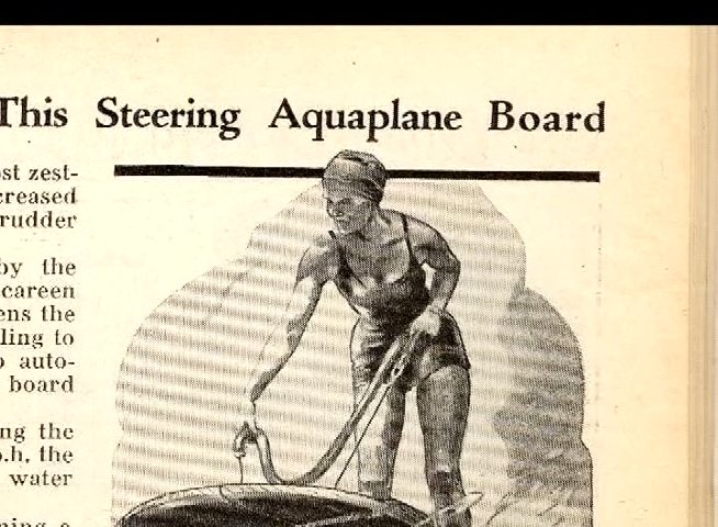 An elderly man discusses and views archival imagery documenting the mechanics and use of early 20th-century steerable aquaplane boards for water sports. The analysis combines historical instructional text with personal perspective.