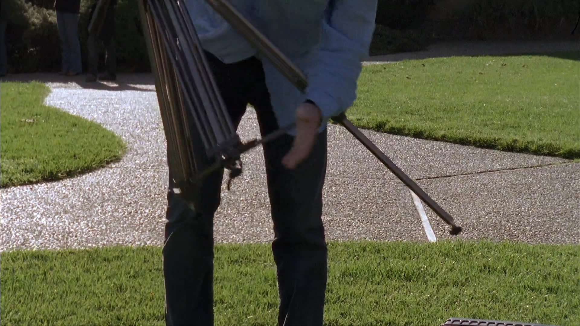 A playful Labrador puppy explores a backyard while interacting with a flower pot, followed by a professional film crew conducting an interview in a garden setting.