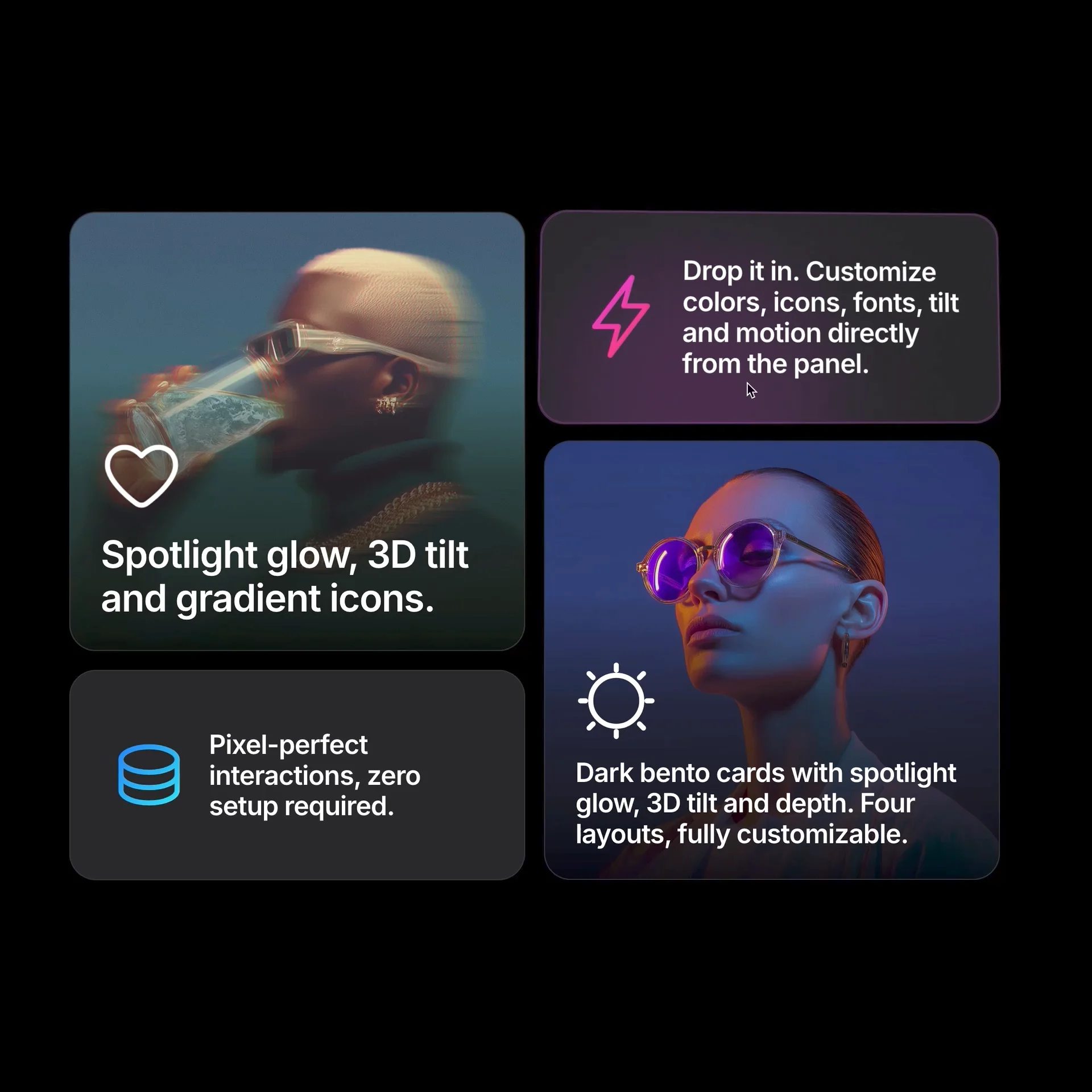 BENTO CARD — Interactive GridA grid doesn't have to feel rigid.Bento layouts are great for organizing content, but they can quickly become repetitive.Bento Card explores how interaction can introduce a little depth and personality while keeping the underlying structure clear.The layout stays organized. The experience feels more alive.