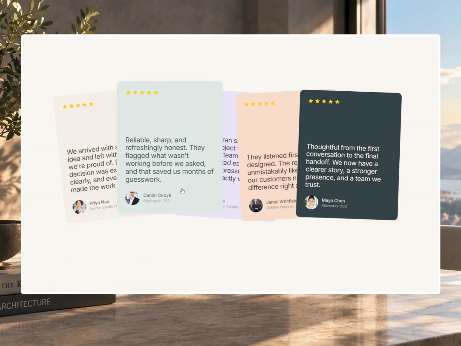 Testimonial Deck - a dynamic Framer testimonial component designed to showcase customer reviews, ratings, and social proof with an engaging animated card stack.https://framer.link/RxHSR55Key features: • Animated testimonial cards with smooth GSAP scroll effects • Custom customer quotes, ratings, avatars, and themes • Flexible typography and testimonial card styling • Interactive hover animations for added depth • Responsive testimonial layouts for desktop and mobile • Optional mobile-friendly static testimonial listCreate polished testimonial sections, customer reviews, and social proof for SaaS websites, agencies, startups, portfolios, and creative businesses — without compromising on design or performance.