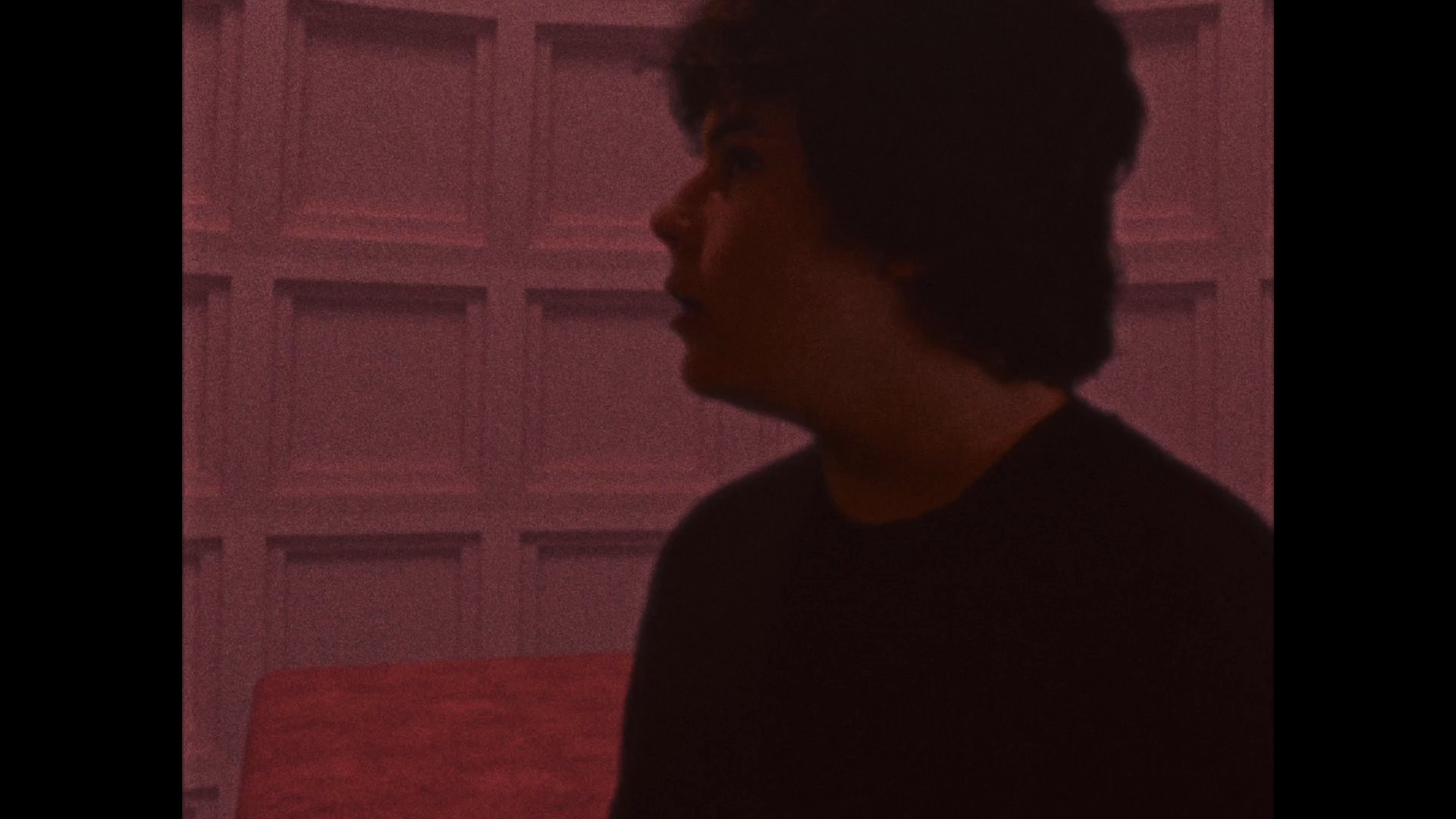 A person occupies a surreal, red-toned, enclosed chamber, observing their surroundings with a contemplative gaze.