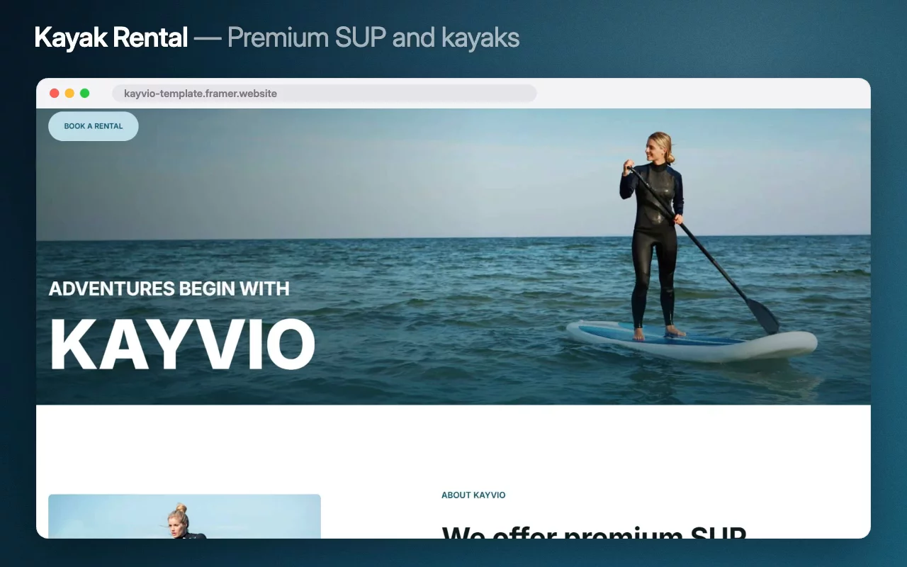 What does a first-time paddler need to know? That the kit is good and the water is close.Kayak Rental answers both in its opening: adventures begin here, and we offer premium SUP and kayak rentals — because the best adventures start at the shoreline.Live preview → https://kayvio-template.framer.website/Grab your copy →#framer #framertemplate #framerexpert #webdesign #nocode #kayak #paddleboarding #watersports #rental