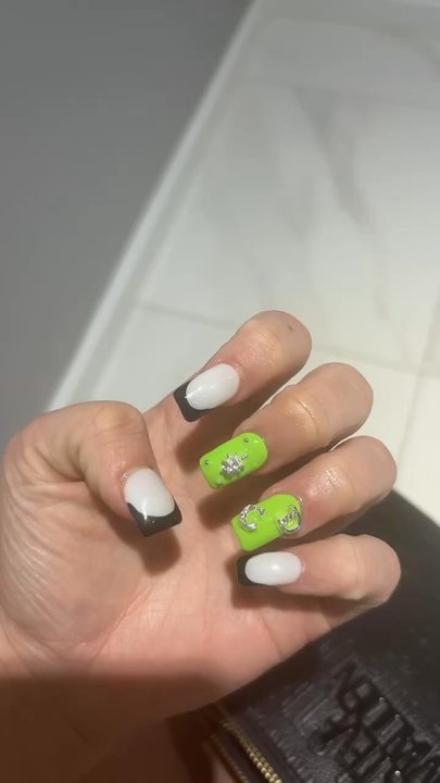 Nail Lounge - Full acrylic set with French tip square shape and charms - Nail Salons Near Me - Rome, Georgia
