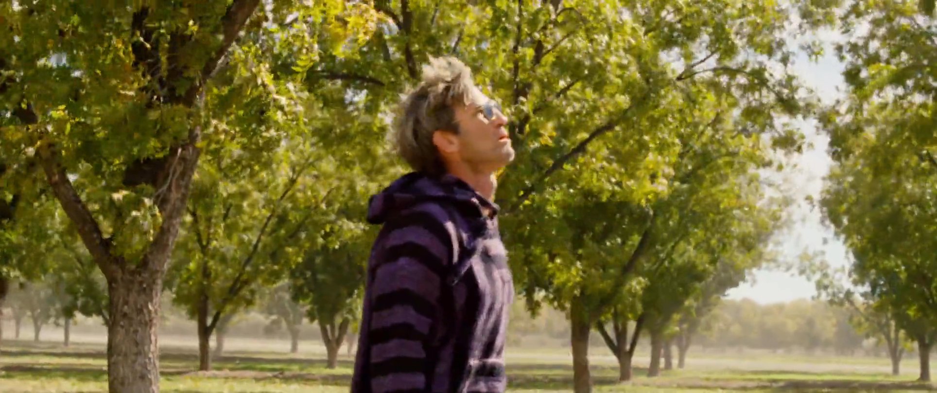 Two men interact within an orchard setting, with one individual exhibiting signs of physical distress while maintaining a guarded demeanor. The encounter builds tension as the subjects exchange glances amidst the trees.