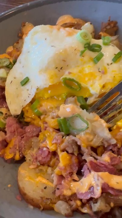 From the Hearth Kitchen & Pie Shop - Pastrami Hash Bowl up close with beautiful over easy egg - Sandwiches Near Me - Redding, California