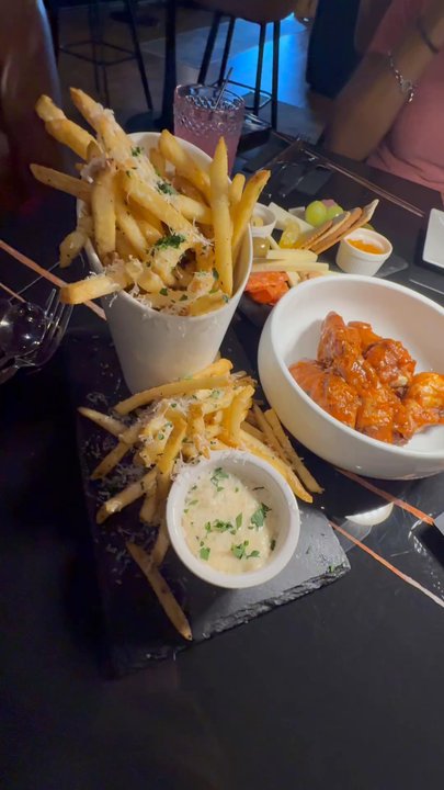 Cork Oak - Garlic Parmesan fries and smoked mild flavored wings - Wine Bars Near Me - Lansing, Illinois