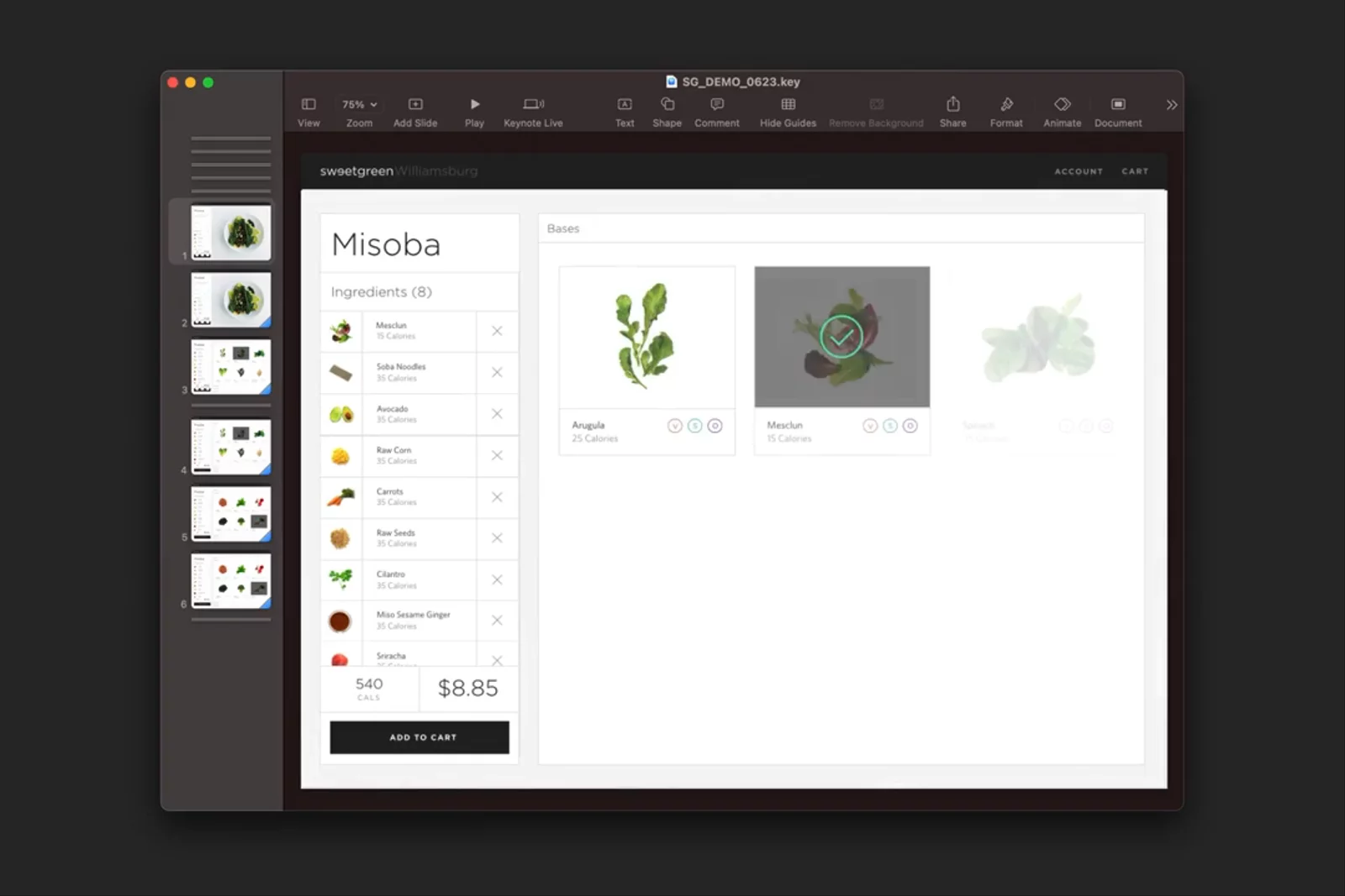The salad builder. Full control, real-time price and calories, and where each ingredient came from.