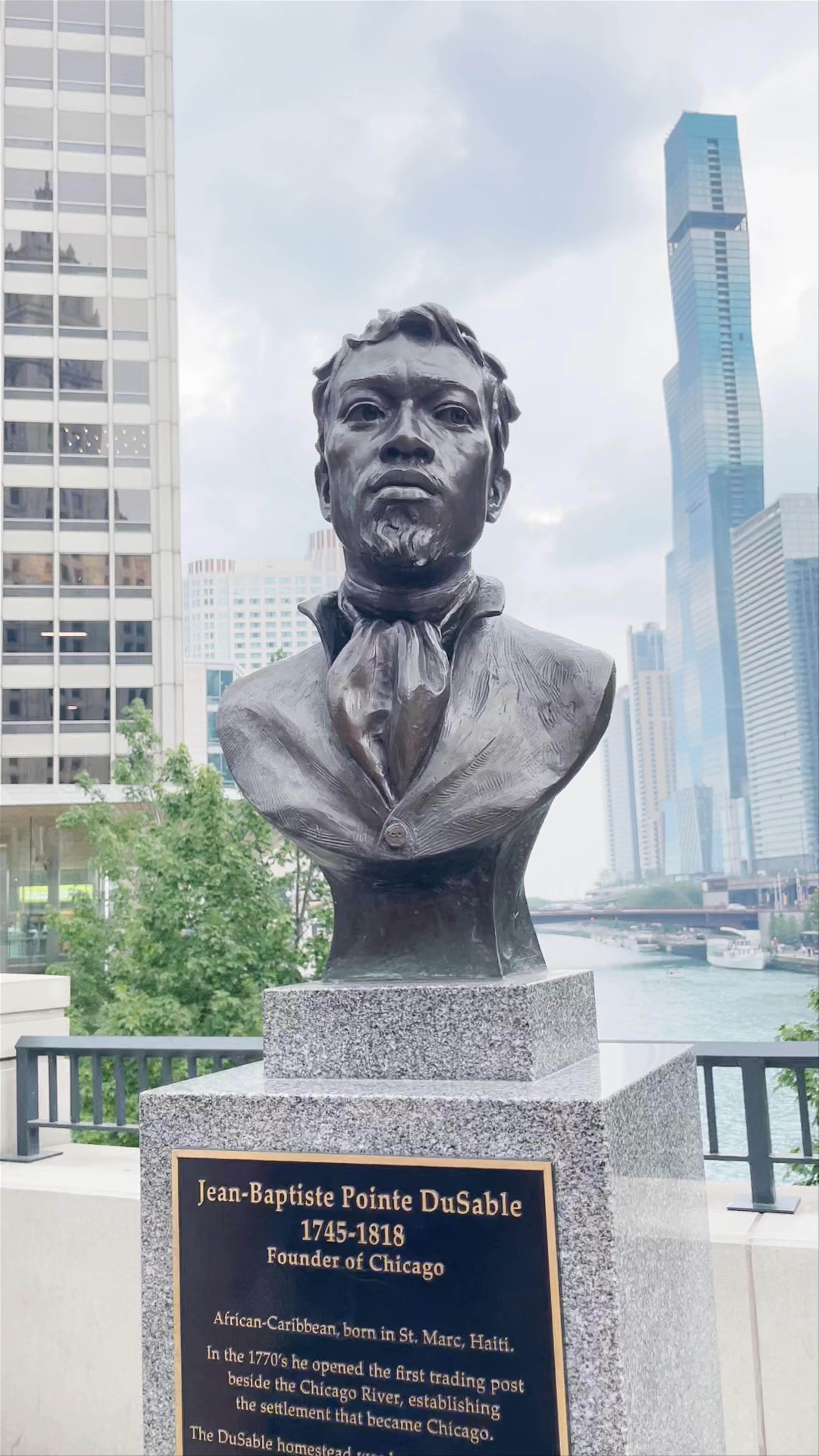 Jean Baptiste Pointe DuSable Statue, River Esplanade, Chicago, IL, USA