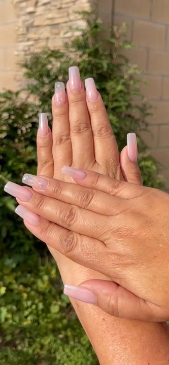 Lecheta Nail Bar - for reference, I used the color bubble bath with white chrome, holographic design on ring fingers. On medium length gel, X nails. - Nail Salons Near Me - Bellflower, California