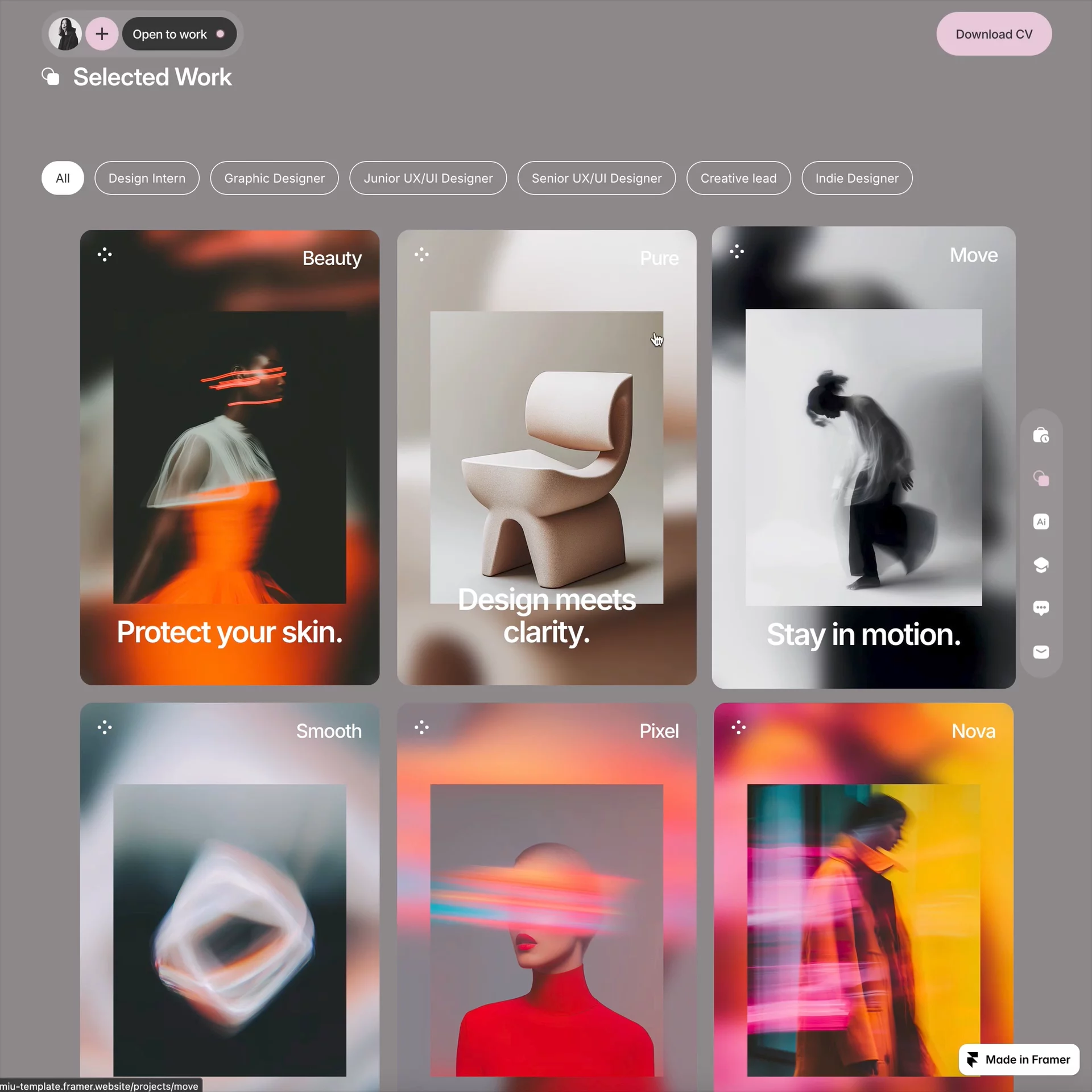 MIU — Selected WorkA portfolio isn't an archive. It's an edit.Giving every project the same visual importance can make the strongest work harder to find.Selected Work creates hierarchy before the visitor even starts browsing.Selection is part of the design.https://framer.link/TraLW7I