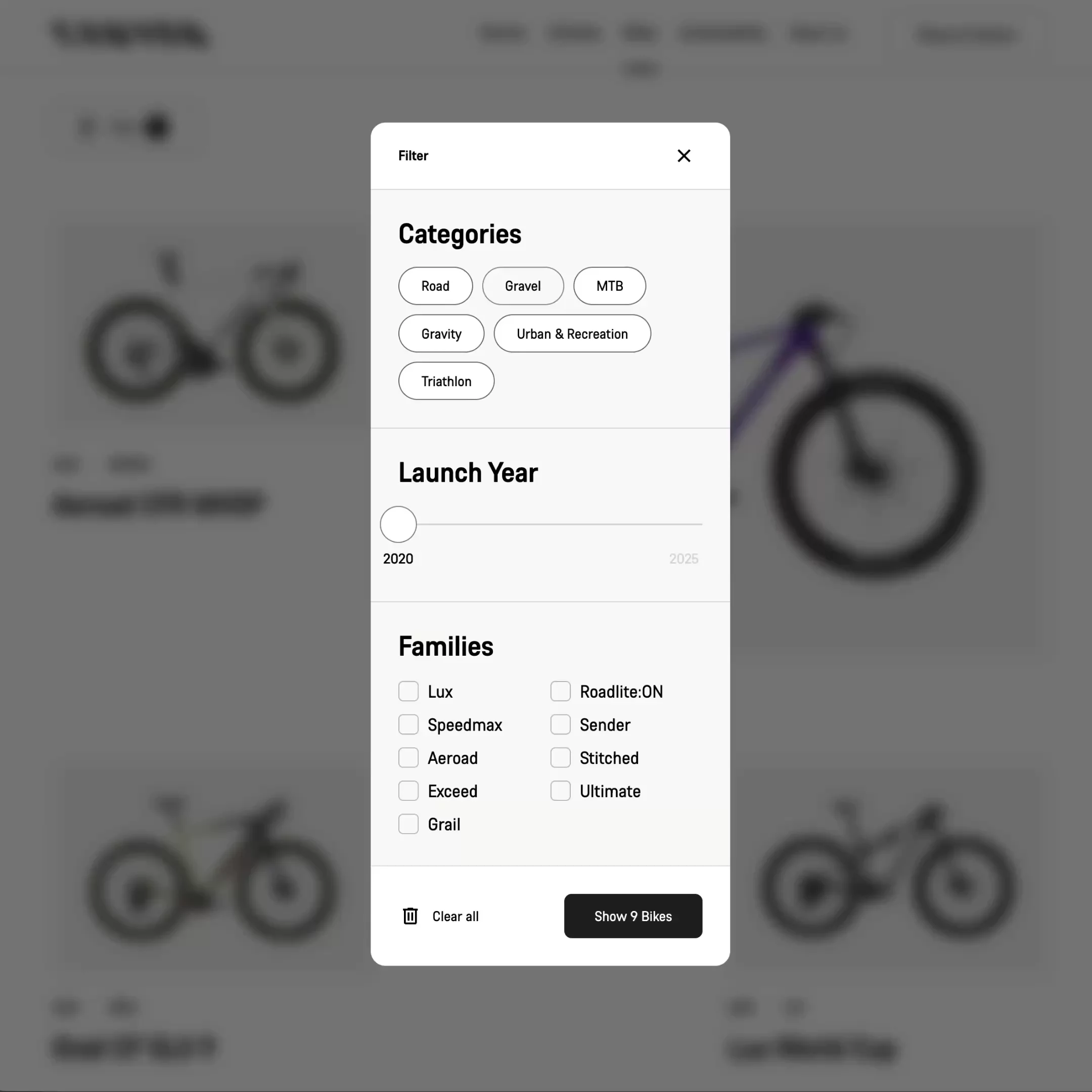 Schnelle Filterfunktion als modales Overlay auf der Bike-Seite der Canyon Brand Page mit auswählbaren Kategorien, Launch-Year-Slider, Familien-Checkboxen sowie „Clear all“- und „Show Bike“-Button; entwickelt von Hypercode. | Hypercode, Digital Product Studio, Köln