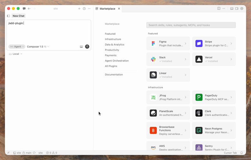 Cursor Marketplace showing 30+ plugins from Figma, Stripe, Slack, Vercel, Linear, PagerDuty and more