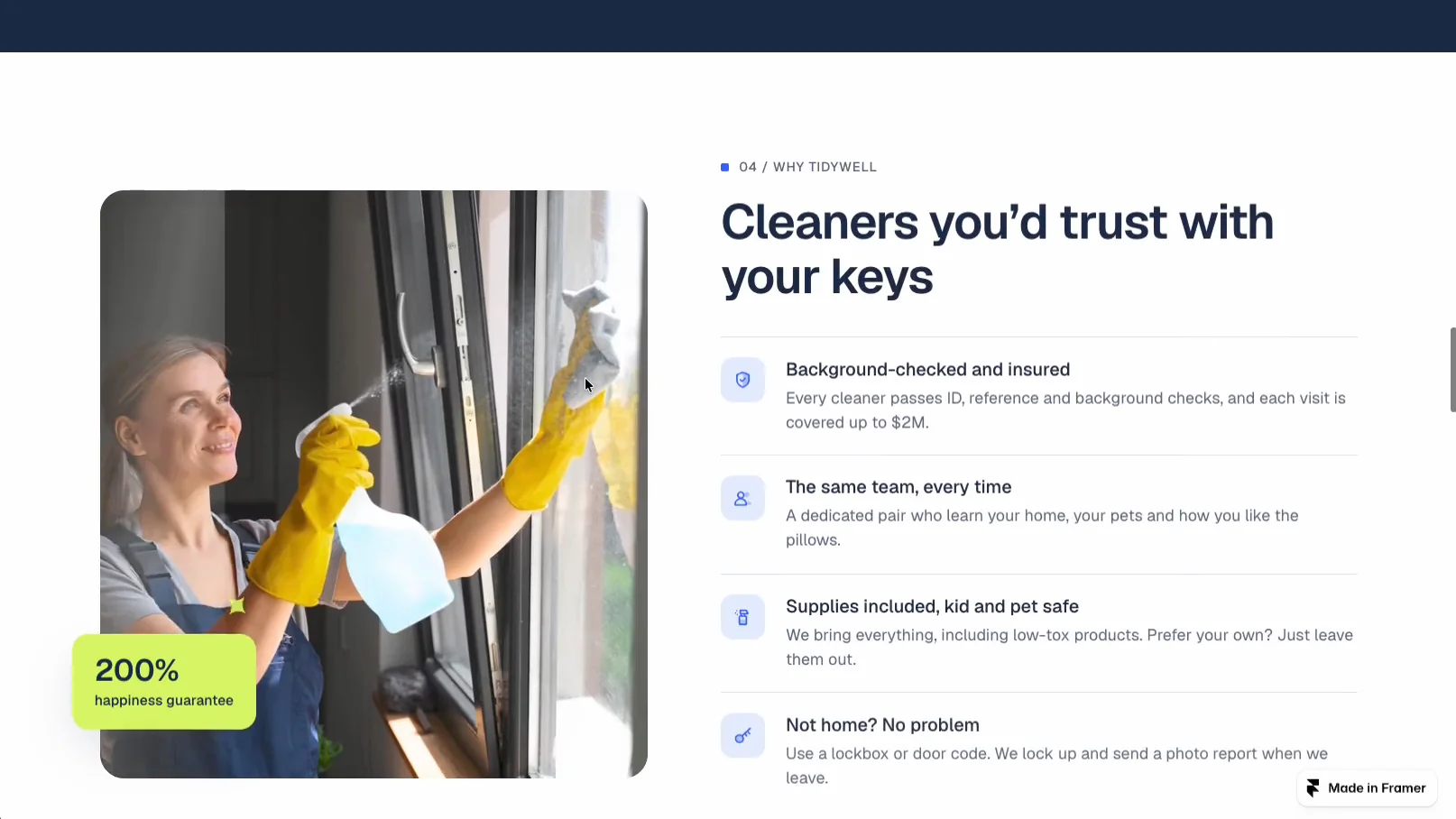 Tidywell, brought to life.A new Framer template for cleaning services and almost ready. Listing soon on Framer.Free to remix: https://framer.link/UeYpn5U