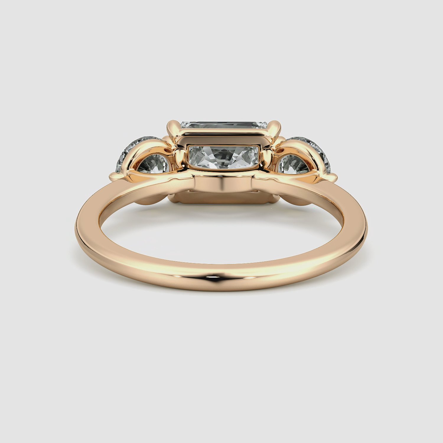 The Three Stone | Radiant | 14k | Rose Gold | bandAccent: Plain | diamondOrientation: horizontal | sideStoneCarat: 0.50ct | sideStoneShape: Round Brilliant | caratWeight: other
