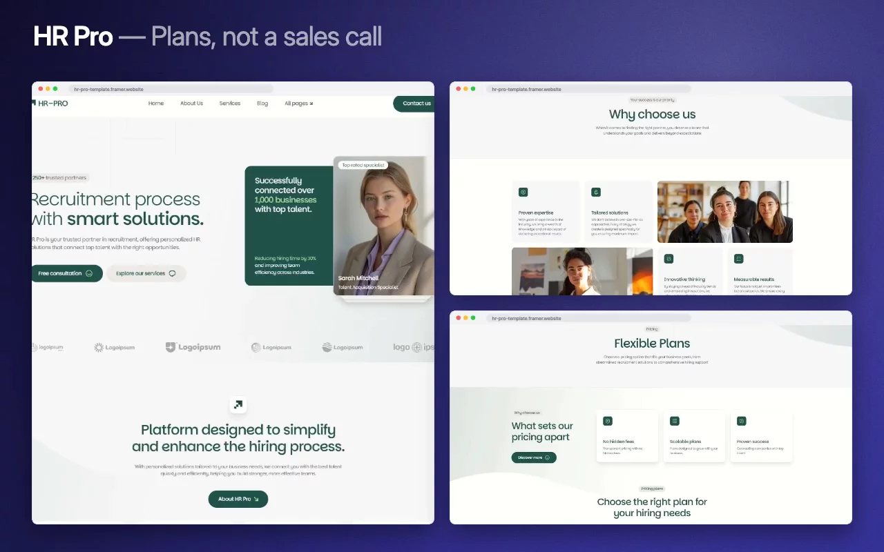 HR Pro publishes flexible plans and asks you to choose the right one for your hiring needs, which almost no recruitment platform does.Around it: a platform designed to simplify hiring, a thousand businesses already connected, and a named client saying so.Live preview → https://hr-pro-template.framer.website/Put it to work →#framer #framertemplate #framerexpert #webdesign #nocode #hr #recruiting #talentacquisition #saas