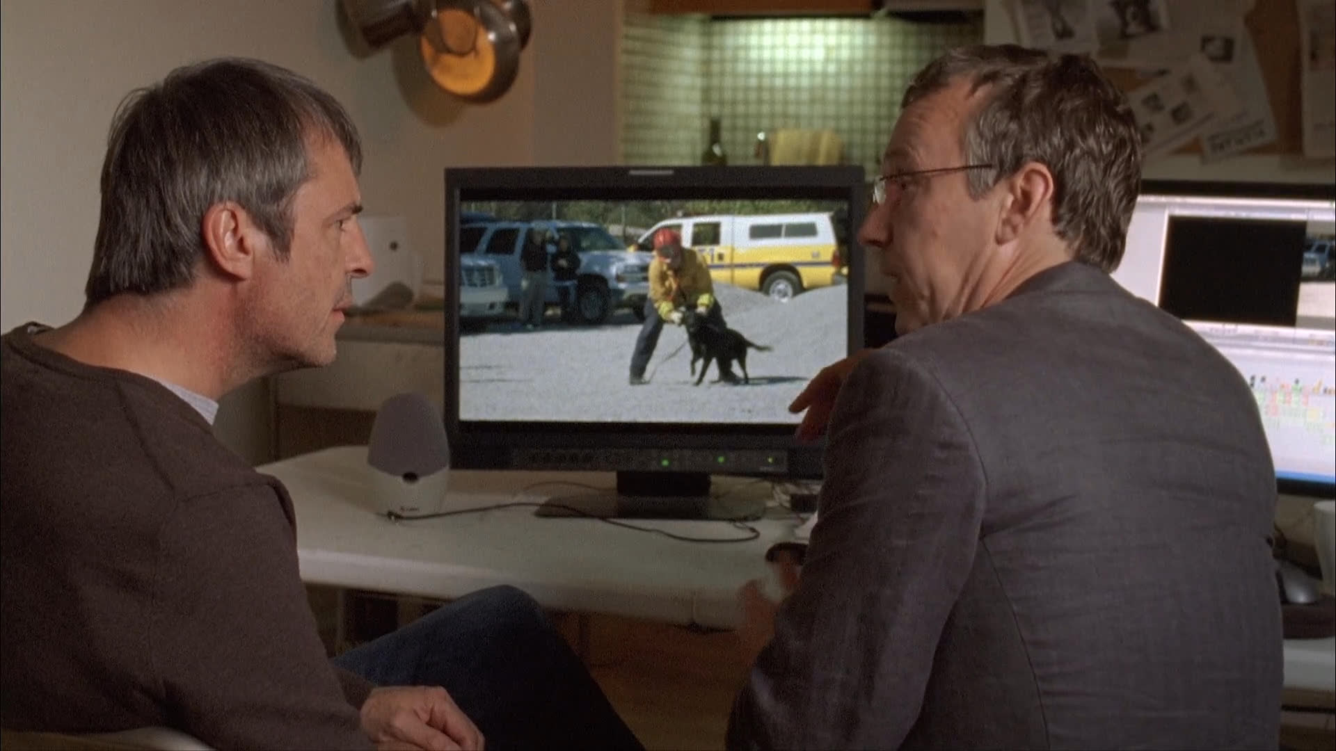 Two professionals review footage on a computer monitor, analyzing a training session involving a rescue dog and its handler in an outdoor setting.